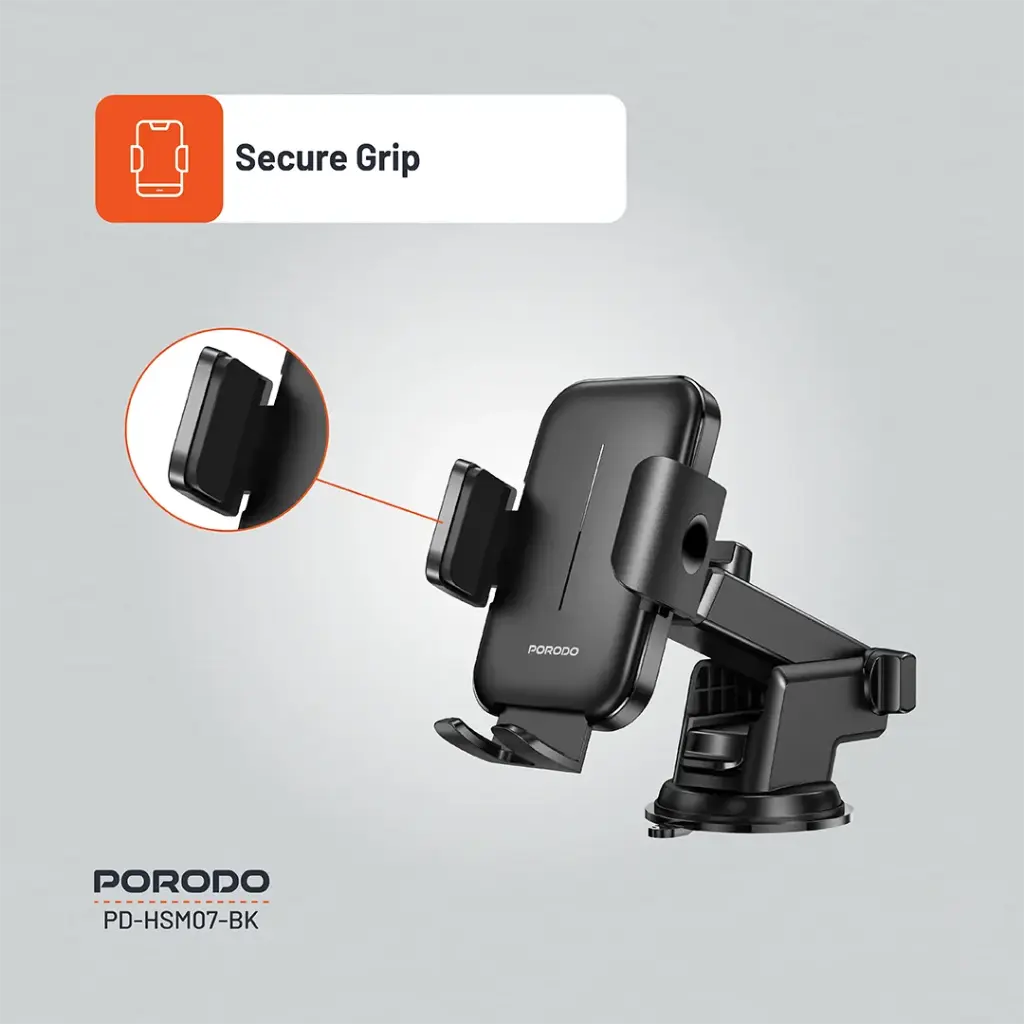 حامل جوال عالمي للسيارة من بورودو مع مشبك قابل للتعديل - اسود | Porodo Universal Adjustable Clamp Car Phone Stand for Dashboard & Windshield – Black