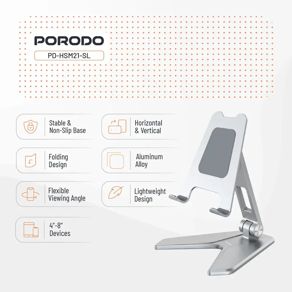 حامل هاتف المنيوم قابل للتعديل 180 درجة من بورودو - فضي | Porodo 180° Adjustable Aluminum Phone Holder – Silver