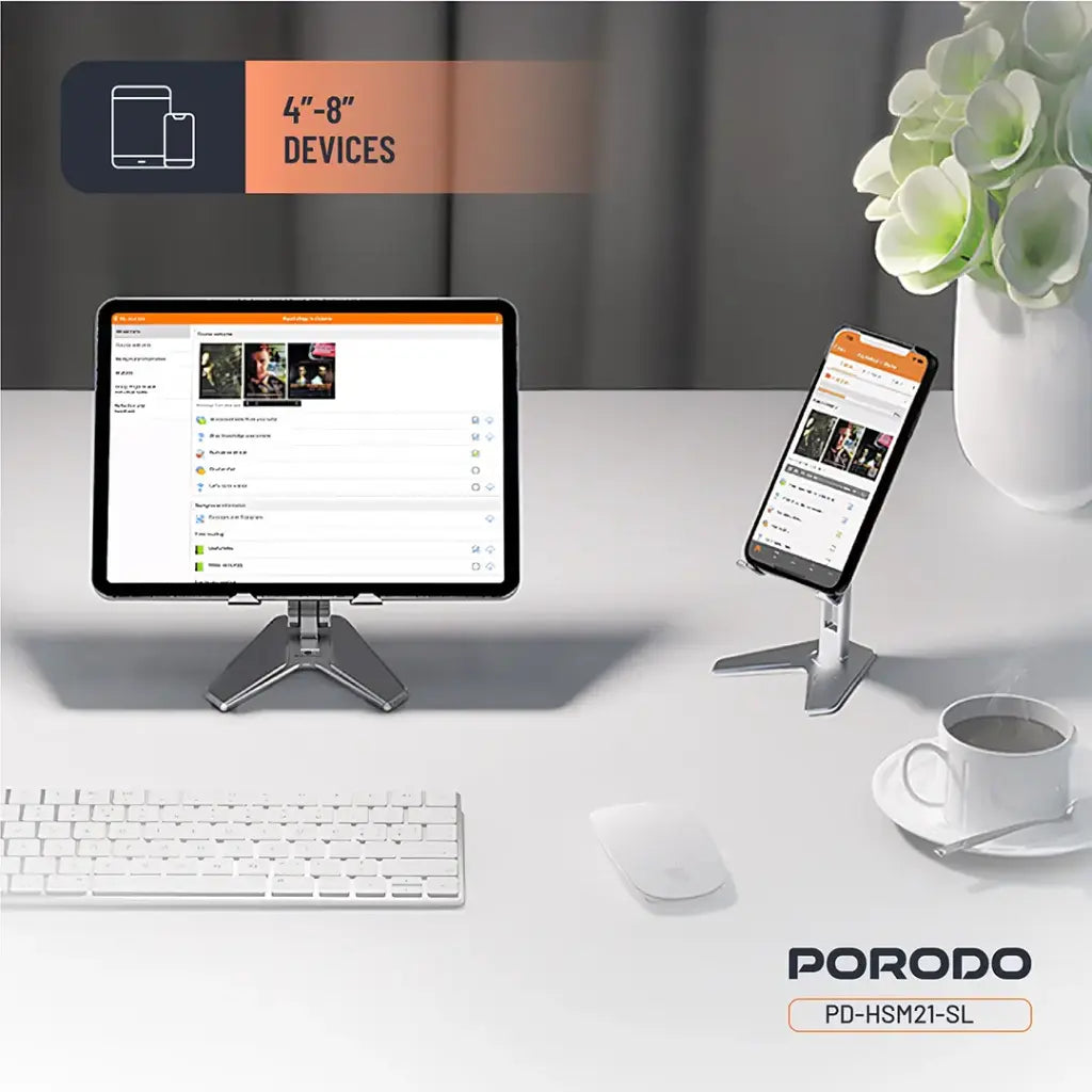 حامل هاتف المنيوم قابل للتعديل 180 درجة من بورودو - فضي | Porodo 180° Adjustable Aluminum Phone Holder – Silver
