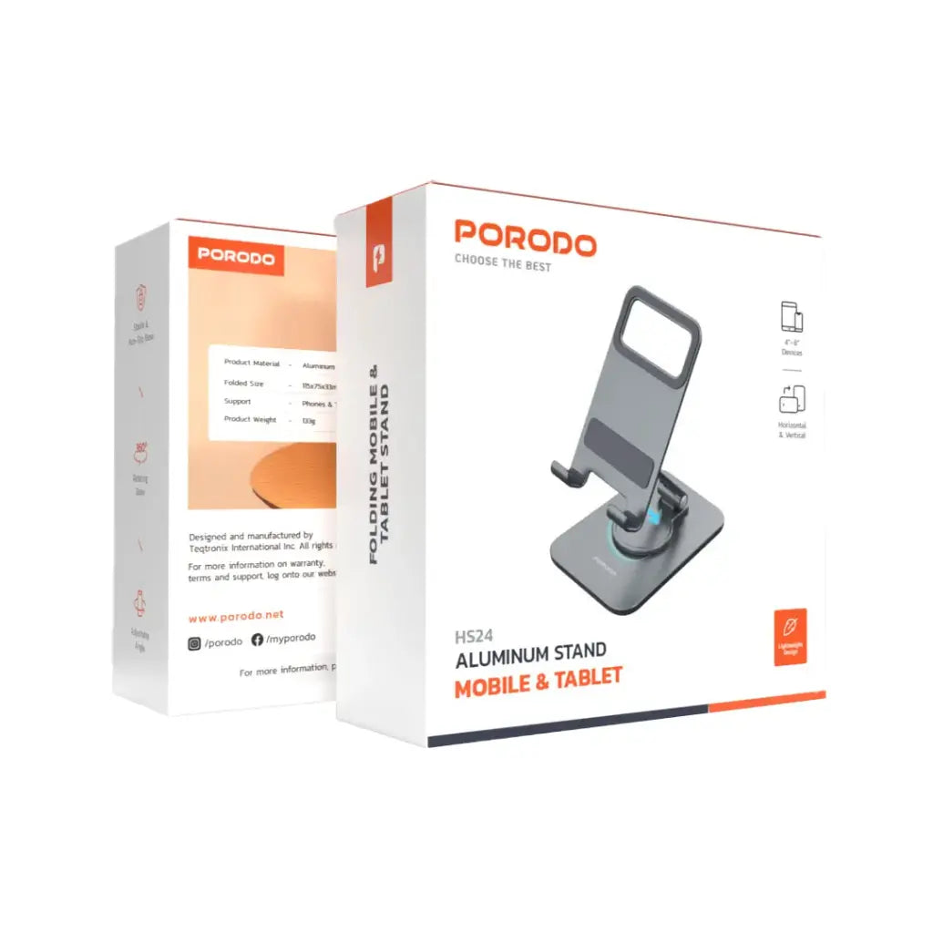 حامل المنيوم للهاتف والتابلت من بورودو - رمادي | Porodo Aluminum Stand Mobile & Tablet – Gray