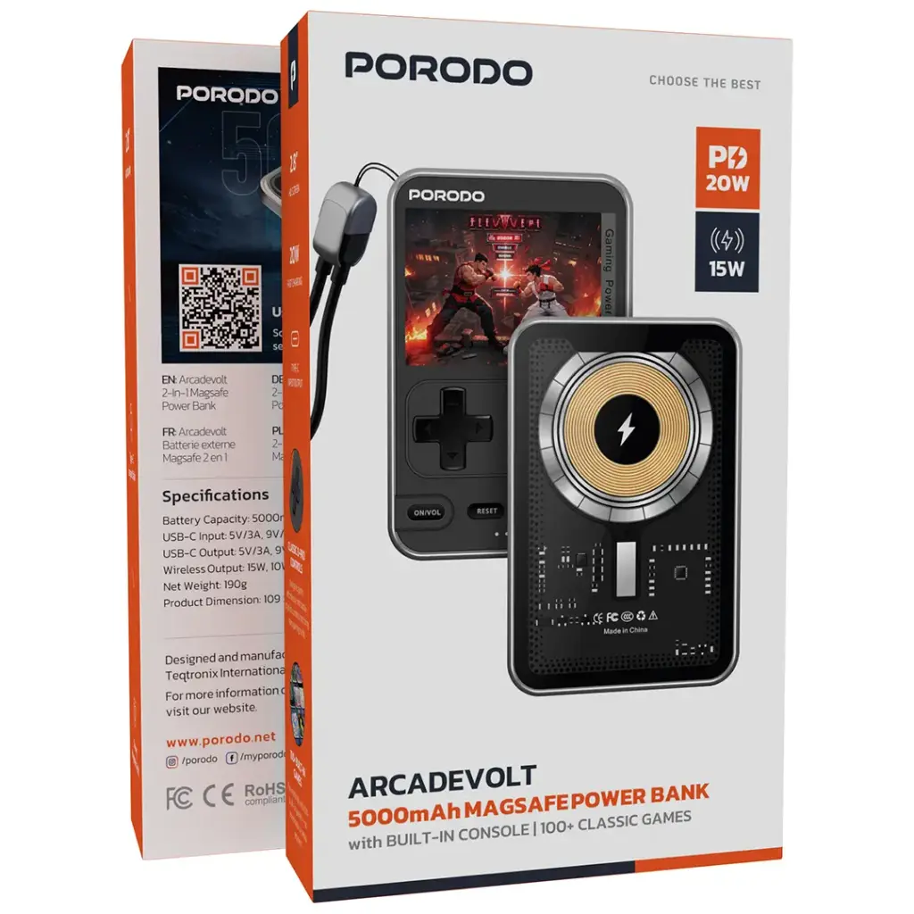 باور بانك بورودو آركيد فولت المغناطيسي اللاسلكي بسعة 5000 مللي امبير - اسود | Porodo Arcadevolt 5000mAh MagSafe Power Bank - Black