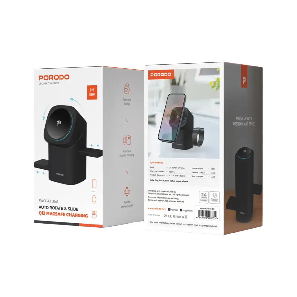 بورودو شاحن لاسلكي 3 في 1 مع دوران تلقائي - اسود | Porodo 3-in-1 Auto Rotation Wireless Charger - Black