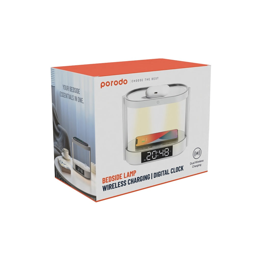 بورودو مصباح جانبي مع شاحن لاسلكي وساعة رقمية - ابيض | Porodo Bedside Light with Wireless Charger and Digital Clock - White