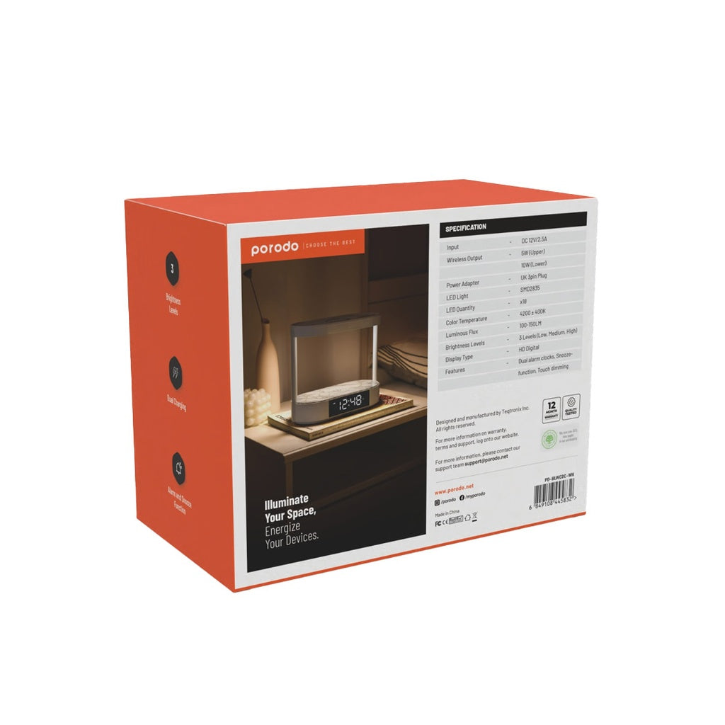 بورودو مصباح جانبي مع شاحن لاسلكي وساعة رقمية - ابيض | Porodo Bedside Light with Wireless Charger and Digital Clock - White