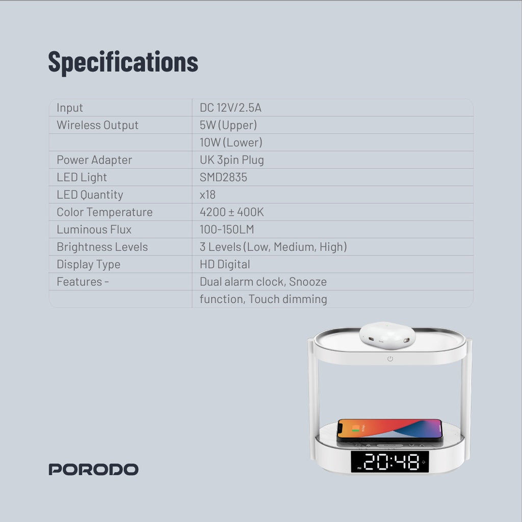 بورودو مصباح جانبي مع شاحن لاسلكي وساعة رقمية - ابيض | Porodo Bedside Light with Wireless Charger and Digital Clock - White