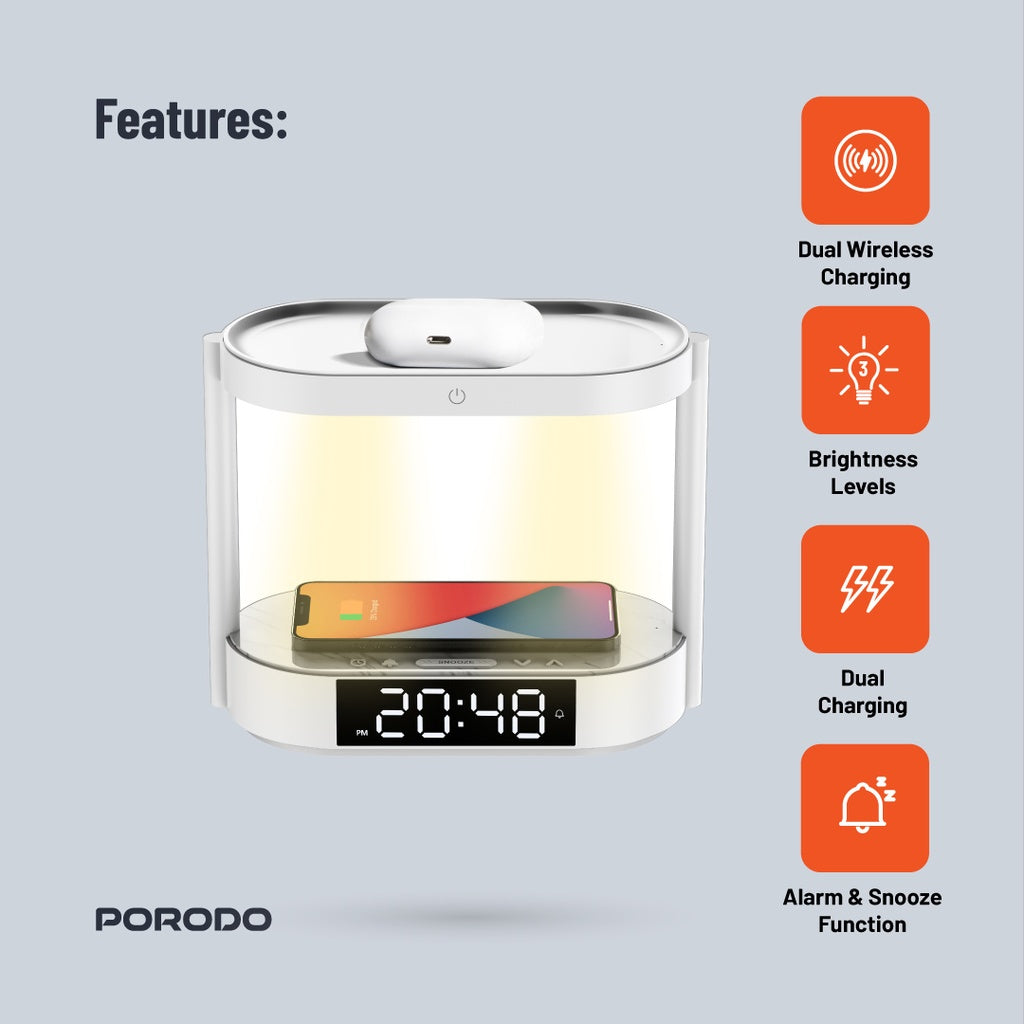 بورودو مصباح جانبي مع شاحن لاسلكي وساعة رقمية - ابيض | Porodo Bedside Light with Wireless Charger and Digital Clock - White