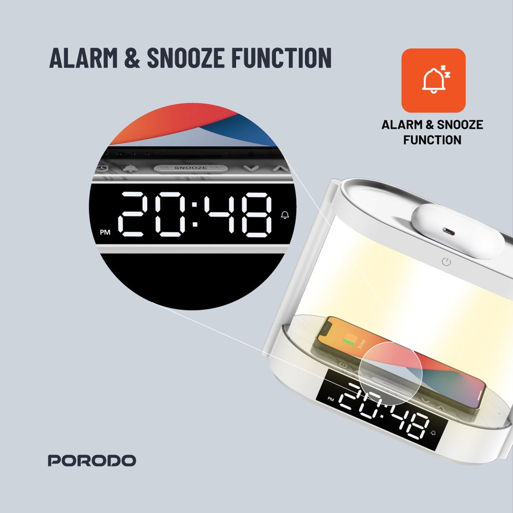 بورودو مصباح جانبي مع شاحن لاسلكي وساعة رقمية - ابيض | Porodo Bedside Light with Wireless Charger and Digital Clock - White