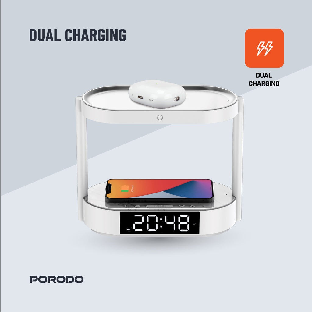 بورودو مصباح جانبي مع شاحن لاسلكي وساعة رقمية - ابيض | Porodo Bedside Light with Wireless Charger and Digital Clock - White
