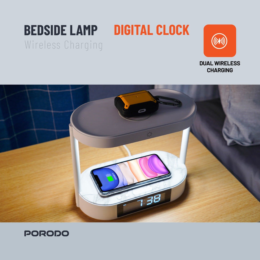 بورودو مصباح جانبي مع شاحن لاسلكي وساعة رقمية - ابيض | Porodo Bedside Light with Wireless Charger and Digital Clock - White