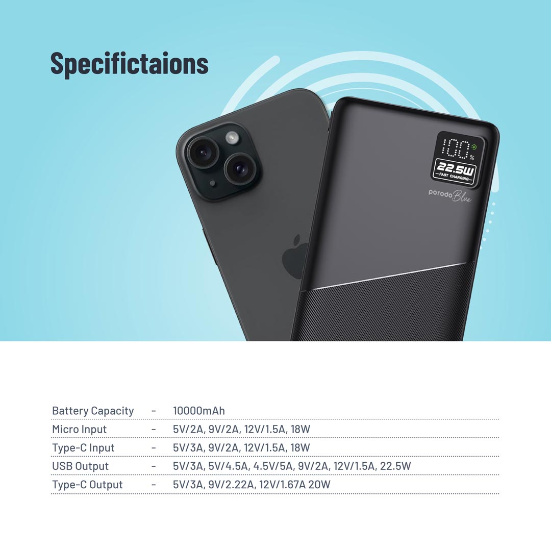 باور بانك بورودو بلو بسعة 10,000 مللي امبير بشحن سريع بمنفذي يو اس بي اي ويو اس بي سي | Porodo Blue 10000mAh Quick Charge Power Bank USB-A and USB-C Output