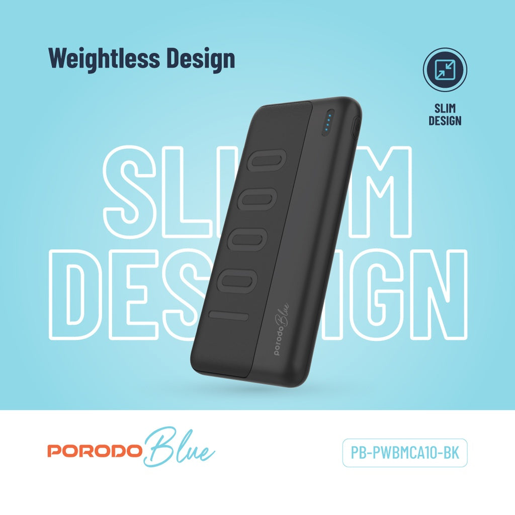 باور بانك بورودو بلو النحيف بسعة 10,000 مللي امبير بمنفذي يو اس بي اي | Porodo Blue 10000mAh Slim Power Bank Dual USB-A Output