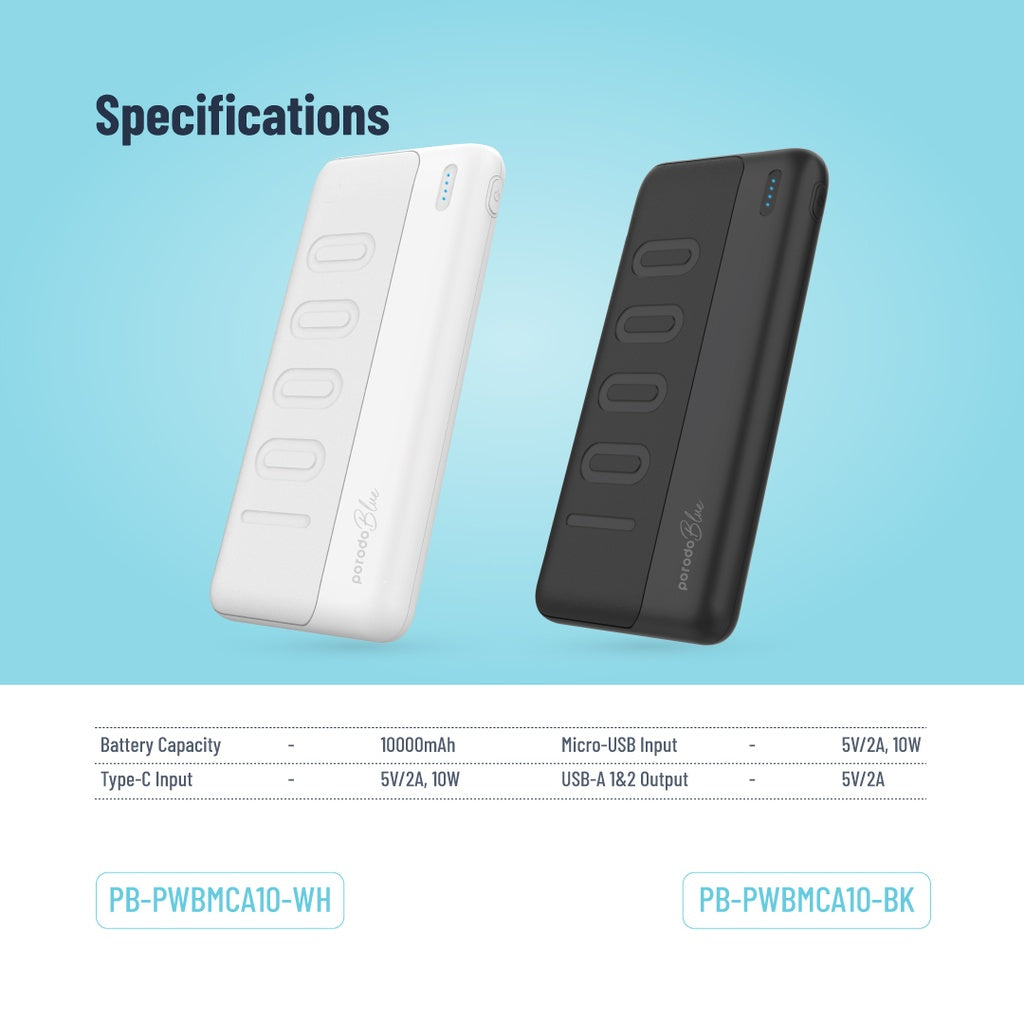 باور بانك بورودو بلو النحيف بسعة 10,000 مللي امبير بمنفذي يو اس بي اي | Porodo Blue 10000mAh Slim Power Bank Dual USB-A Output