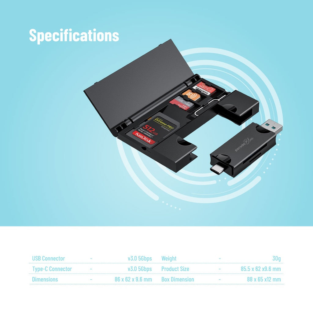 قارئ بطاقات بورودو بلو 2 في 1 مع حامل بطاقات - اسود | Porodo Blue 2 in 1 Card Reader with Card Holder – Black