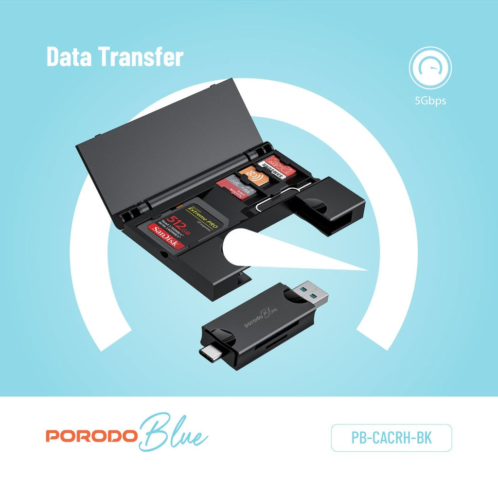 قارئ بطاقات بورودو بلو 2 في 1 مع حامل بطاقات - اسود | Porodo Blue 2 in 1 Card Reader with Card Holder – Black