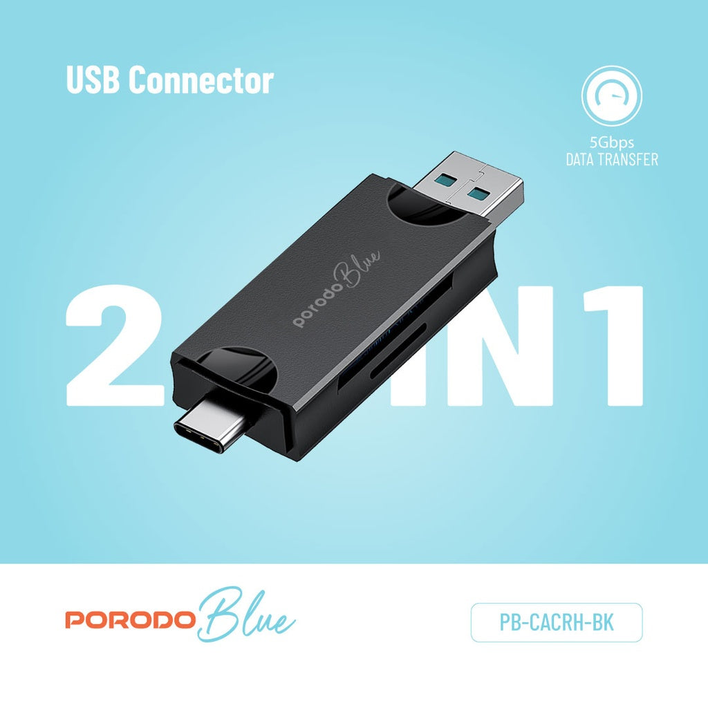 قارئ بطاقات بورودو بلو 2 في 1 مع حامل بطاقات - اسود | Porodo Blue 2 in 1 Card Reader with Card Holder – Black