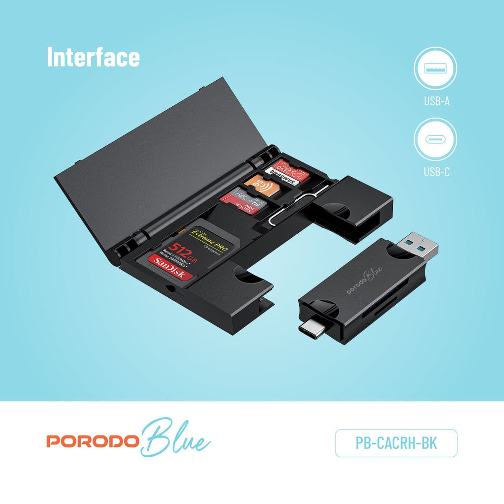 قارئ بطاقات بورودو بلو 2 في 1 مع حامل بطاقات - اسود | Porodo Blue 2 in 1 Card Reader with Card Holder – Black