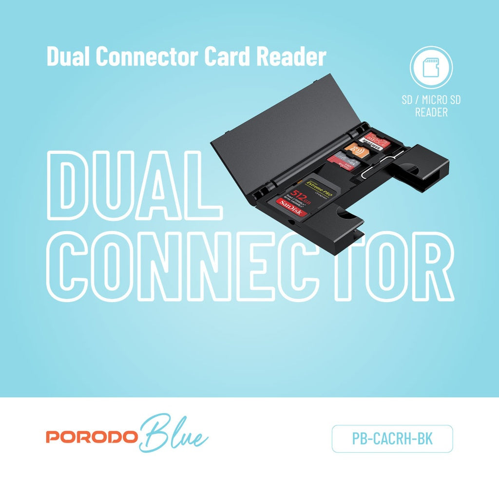 قارئ بطاقات بورودو بلو 2 في 1 مع حامل بطاقات - اسود | Porodo Blue 2 in 1 Card Reader with Card Holder – Black