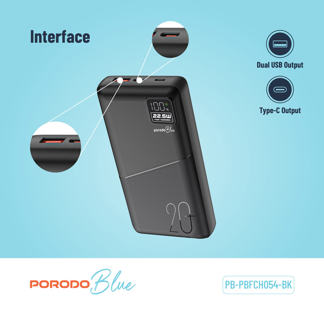 بورودو باور بانك بسعة 20000mAh بمنفذ تايب سي ويو اس بي اي و مايكرو يو اس بي مع شاشة رقمية | Porodo Blue 20000mAh Powerbank Type-C USB A and Micro with Digital Display.