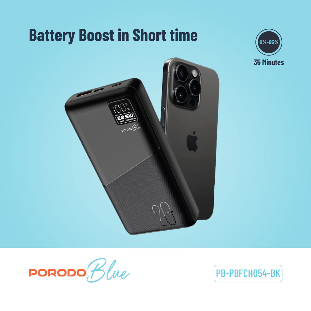 بورودو باور بانك بسعة 20000mAh بمنفذ تايب سي ويو اس بي اي و مايكرو يو اس بي مع شاشة رقمية | Porodo Blue 20000mAh Powerbank Type-C USB A and Micro with Digital Display.