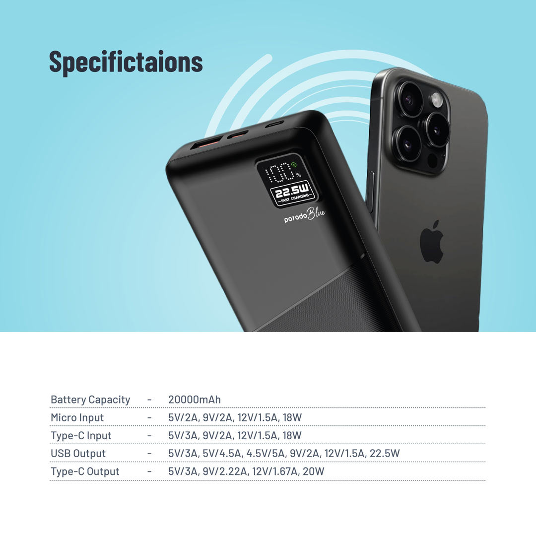 بورودو باور بانك بسعة 20000mAh بمنفذ تايب سي ويو اس بي اي و مايكرو يو اس بي مع شاشة رقمية | Porodo Blue 20000mAh Powerbank Type-C USB A and Micro with Digital Display.