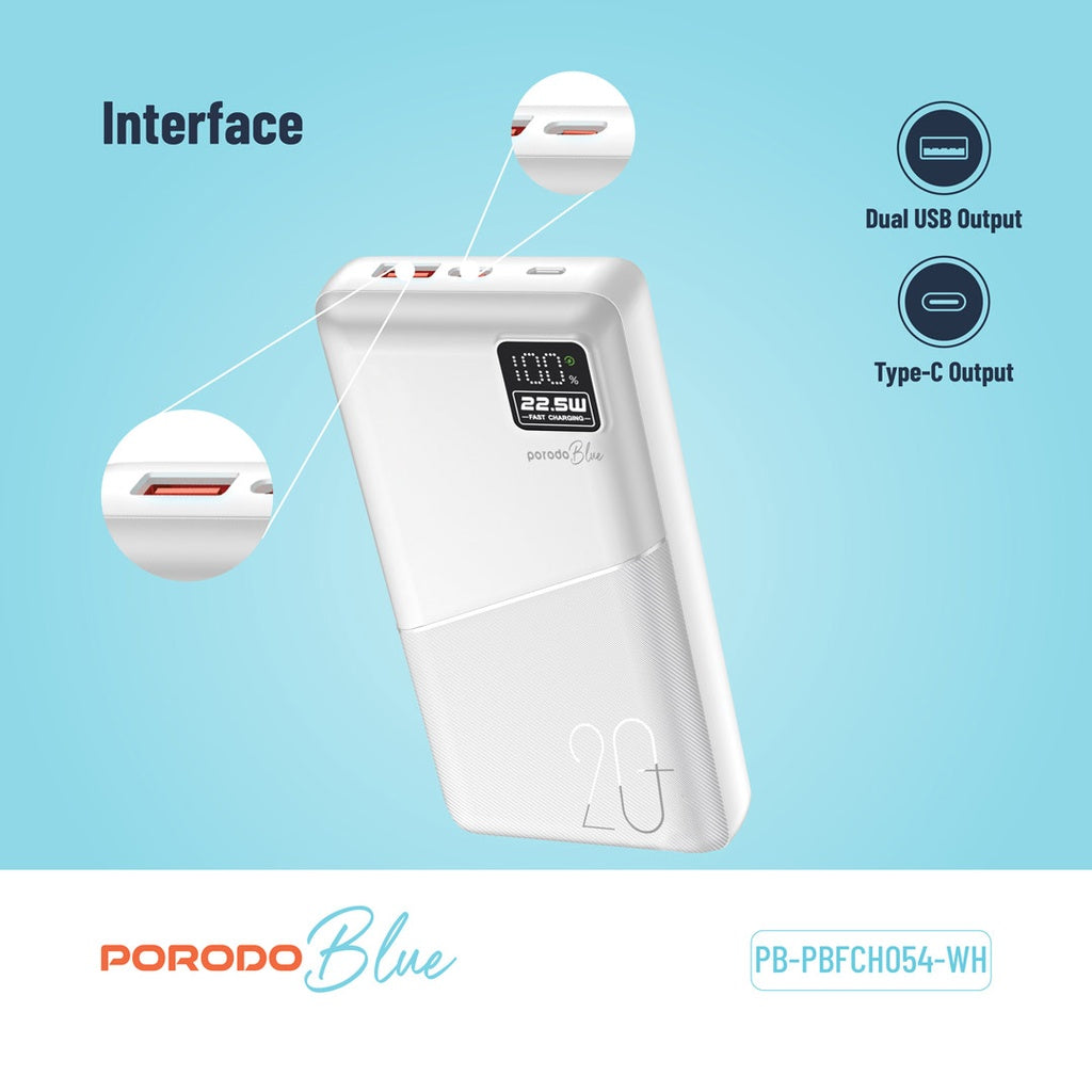بورودو باور بانك بسعة 20000mAh بمنفذ تايب سي ويو اس بي اي و مايكرو يو اس بي مع شاشة رقمية | Porodo Blue 20000mAh Powerbank Type-C USB A and Micro with Digital Display.