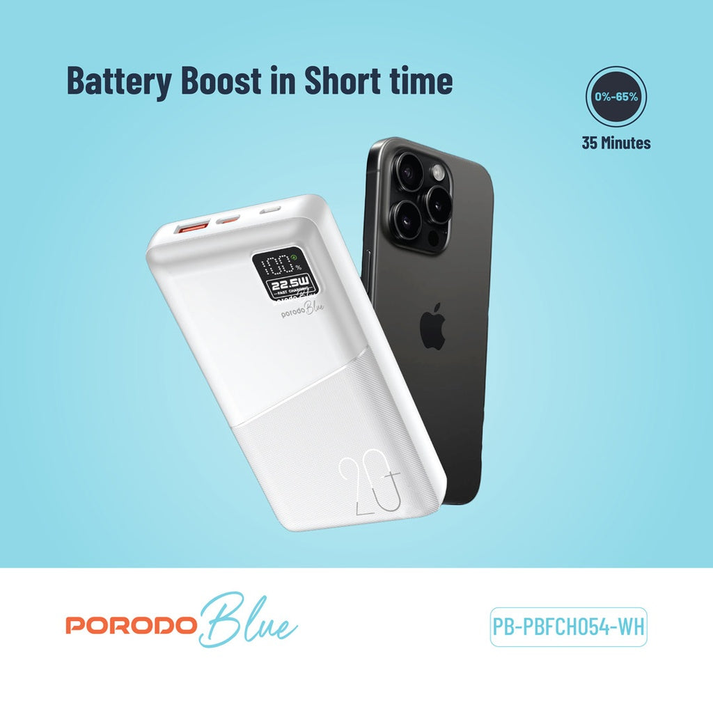 بورودو باور بانك بسعة 20000mAh بمنفذ تايب سي ويو اس بي اي و مايكرو يو اس بي مع شاشة رقمية | Porodo Blue 20000mAh Powerbank Type-C USB A and Micro with Digital Display.
