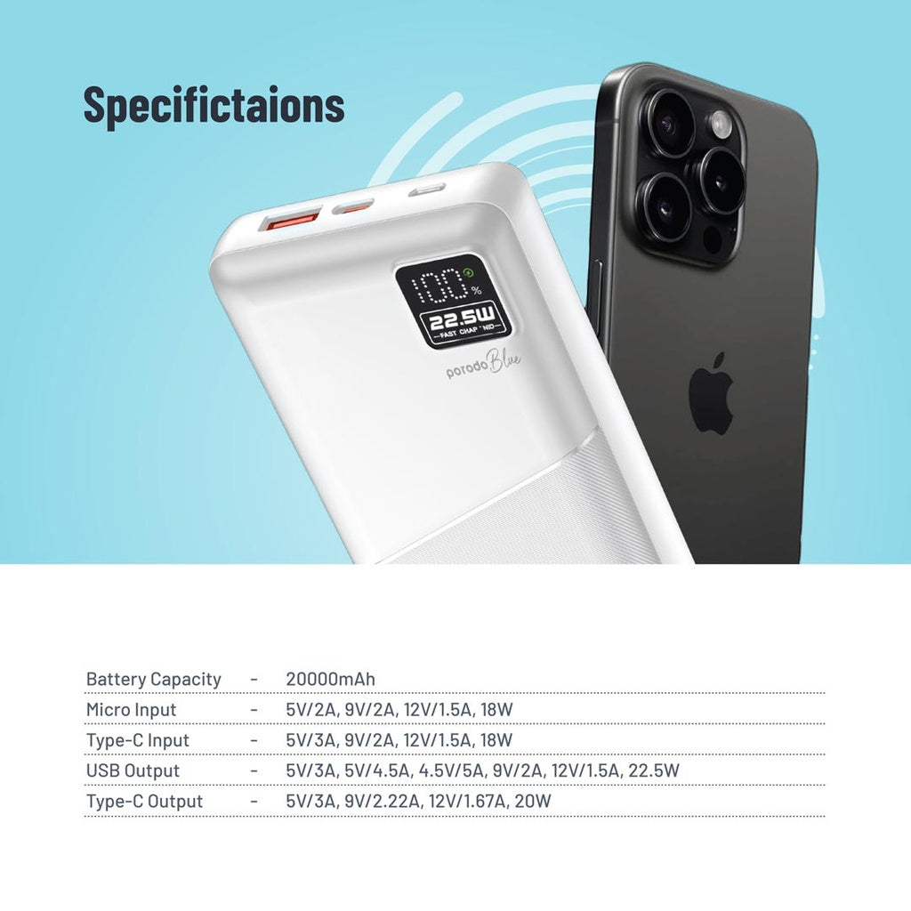 بورودو باور بانك بسعة 20000mAh بمنفذ تايب سي ويو اس بي اي و مايكرو يو اس بي مع شاشة رقمية | Porodo Blue 20000mAh Powerbank Type-C USB A and Micro with Digital Display.
