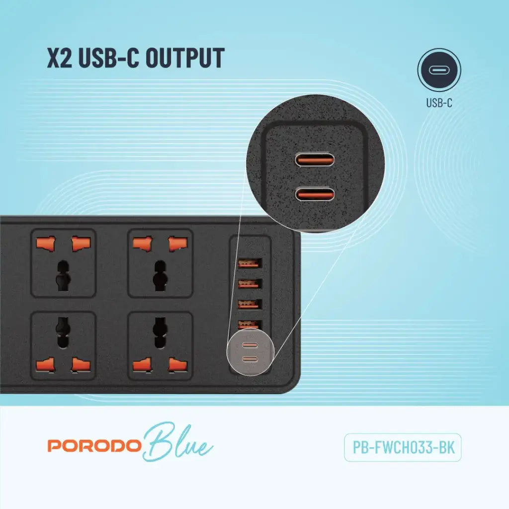 وصلة كهربائية بورودو بلو ب 6 منافذ AC و 2 منافذ تايب سي و 4 منافذ تايب اي, كيبل بطول 3 متر | Porodo Blue 6 AC Power Socket With X2 USB-C X4 USB-A, 3M wire - Black