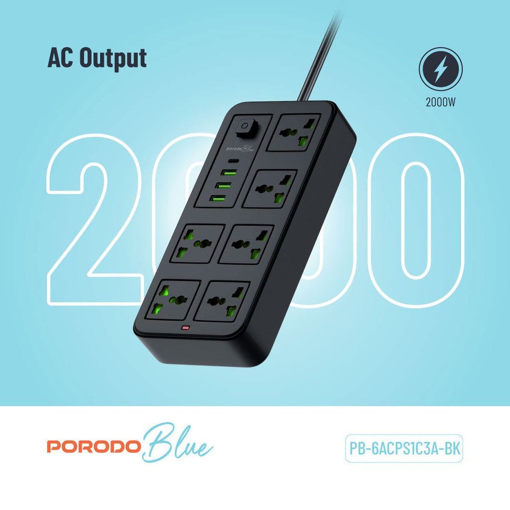 وصلة كهربائية بورودو بلو ب 6 مخارج AC مع كيبل بطول 3 امتار | Porodo Blue 6 Universal Sockets Power Strip 3M