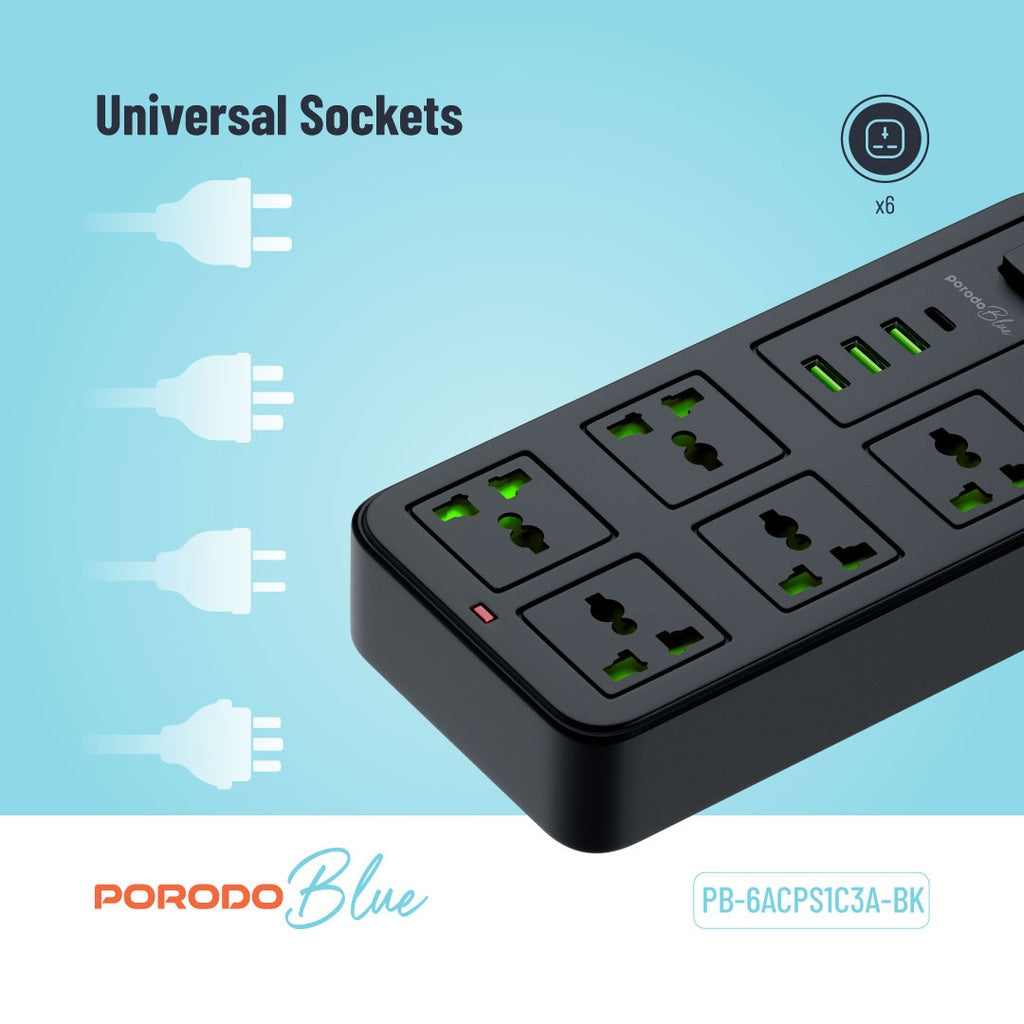 وصلة كهربائية بورودو بلو ب 6 مخارج AC مع كيبل بطول 3 امتار | Porodo Blue 6 Universal Sockets Power Strip 3M