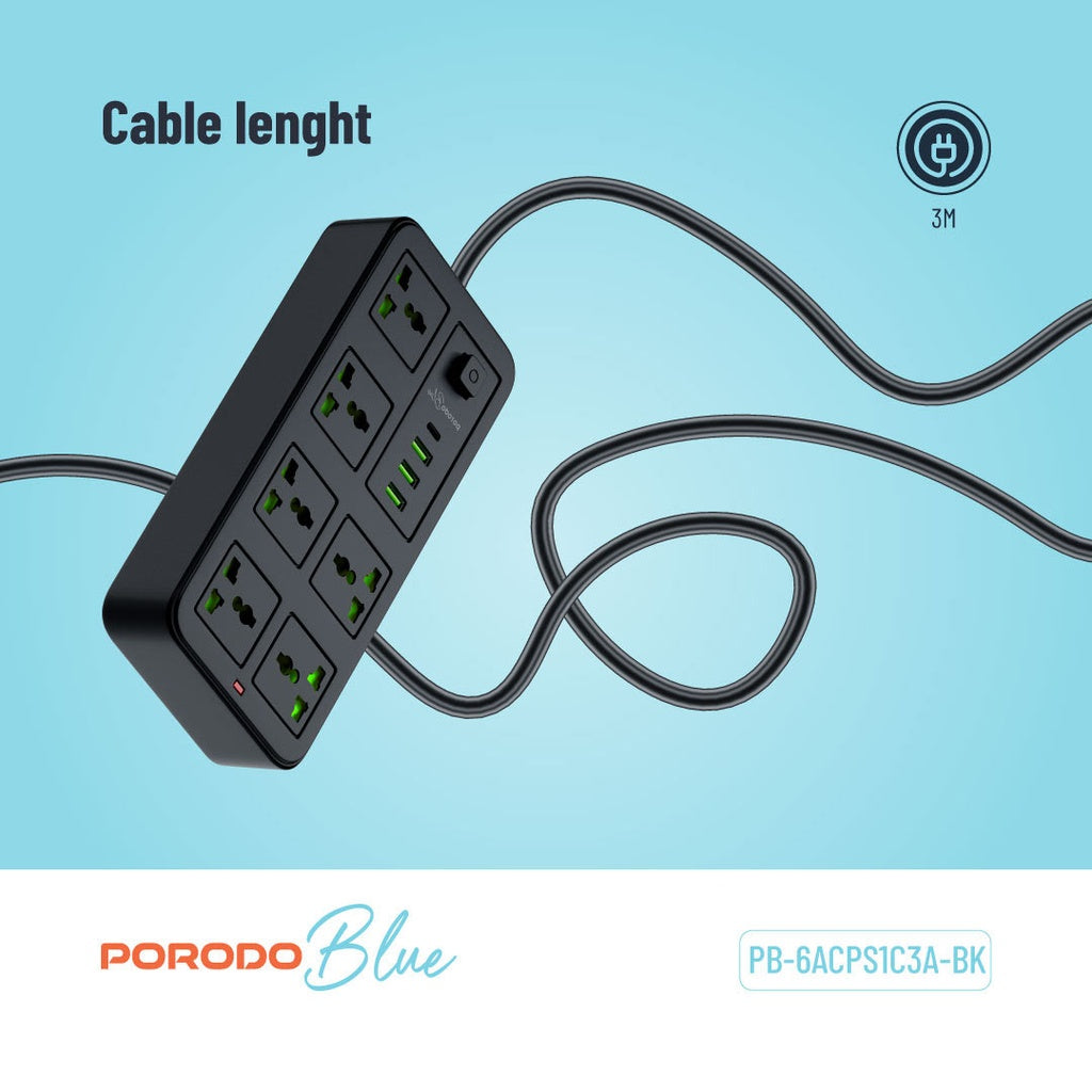 وصلة كهربائية بورودو بلو ب 6 مخارج AC مع كيبل بطول 3 امتار | Porodo Blue 6 Universal Sockets Power Strip 3M