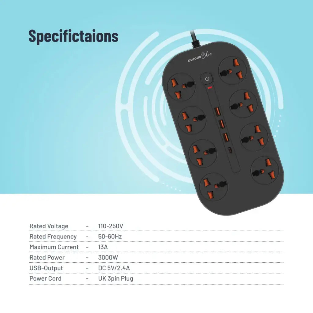 وصلة كهربائية بورودو بلو ب 8 مخارج AC - اسود | Porodo Blue 8 AC Power Strip - Black