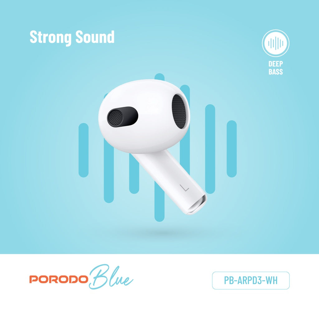 سماعات بورودو بلو ديب بيز اللاسلكية 3 - ابيض | Porodo Blue Deep Bass Wireless Earbuds 3 – White