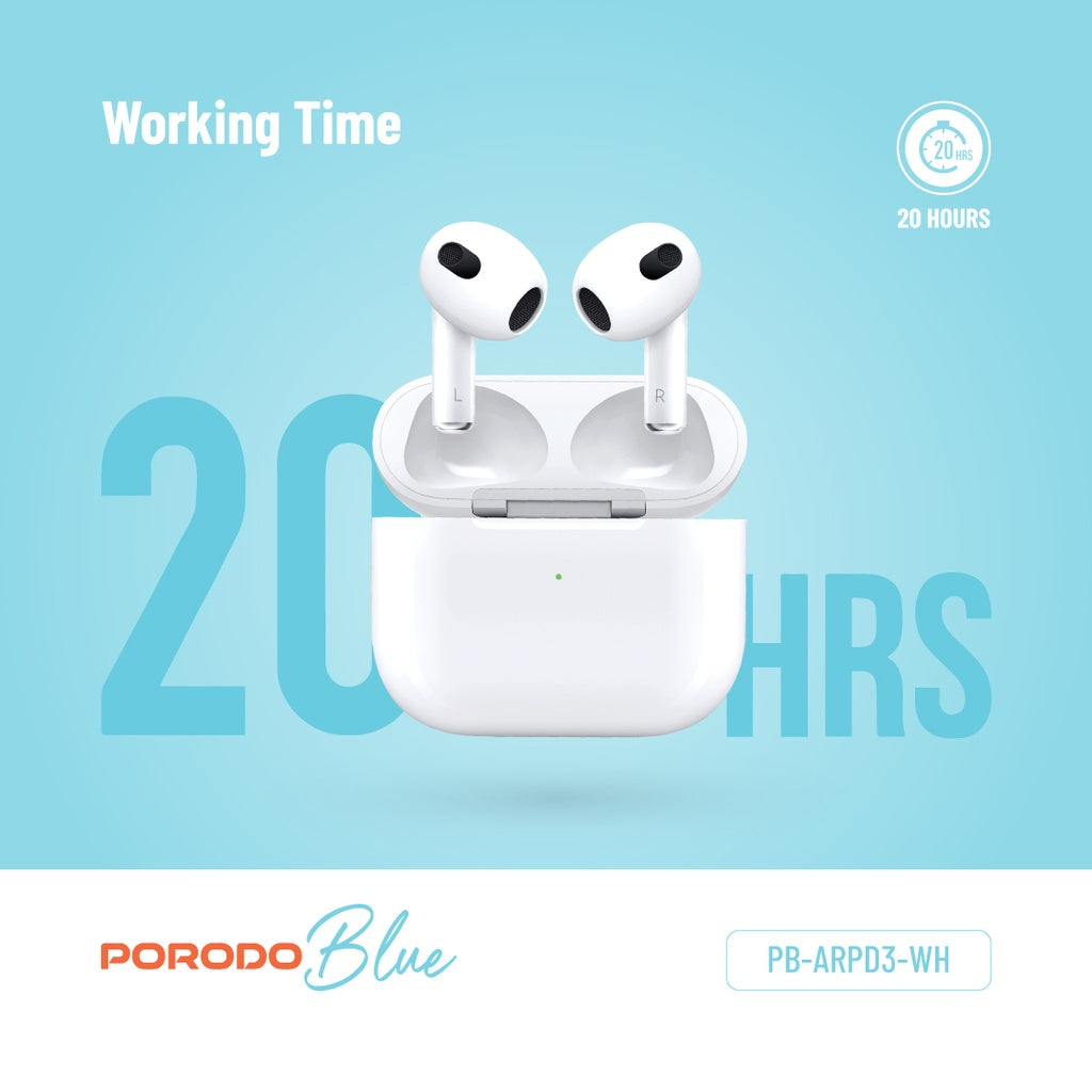 سماعات بورودو بلو ديب بيز اللاسلكية 3 - ابيض | Porodo Blue Deep Bass Wireless Earbuds 3 – White