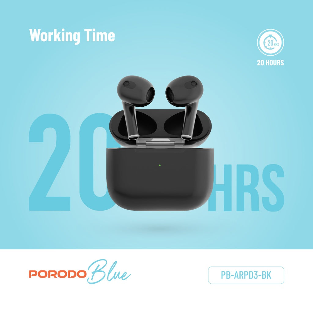 سماعات بورودو بلو ديب بيز اللاسلكية 3 - اسود | Porodo Blue Deep Bass Wireless Earbuds 3 – Black