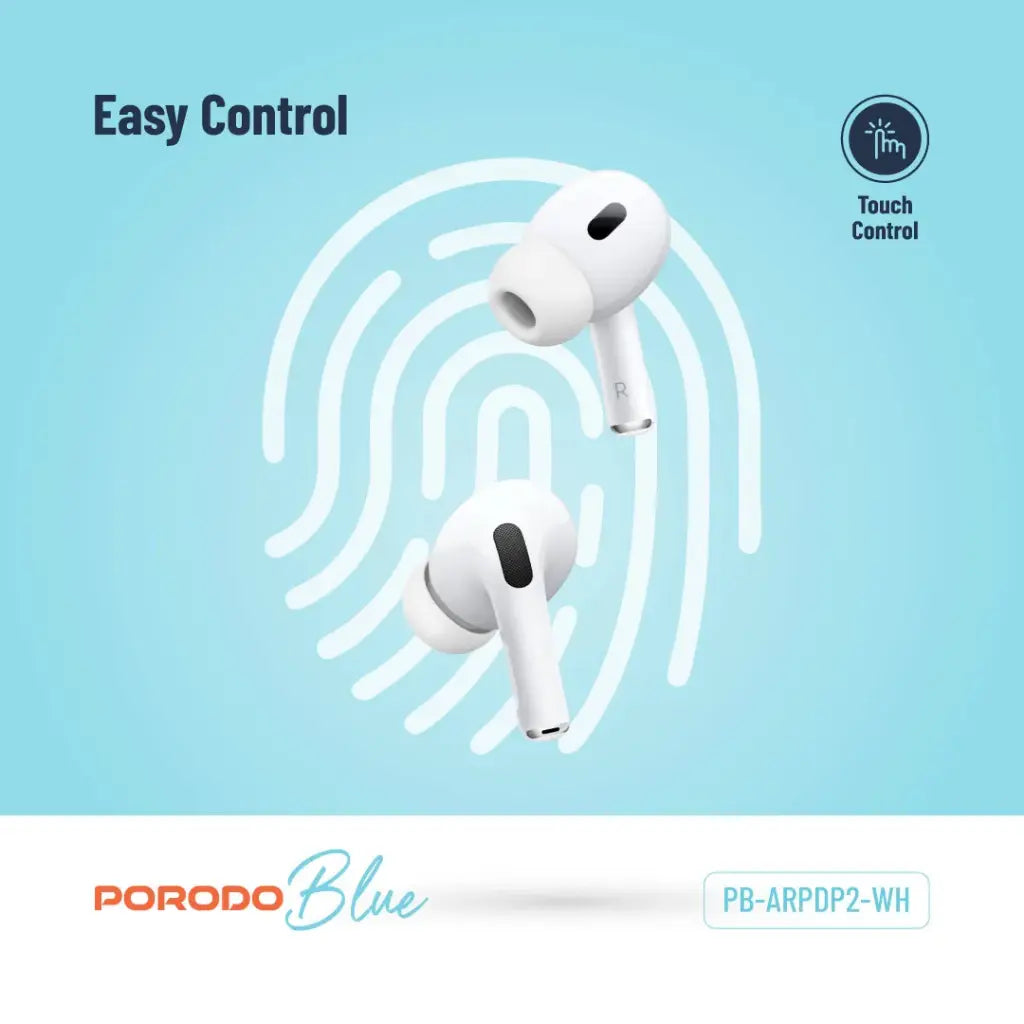 سماعات بورودو بلو ديب بيز برو 2 بخاصية التحكم باللمس - ابيض | Porodo Blue Deep Bass Wireless Earbuds Pro 2 with Swipe Volume – White