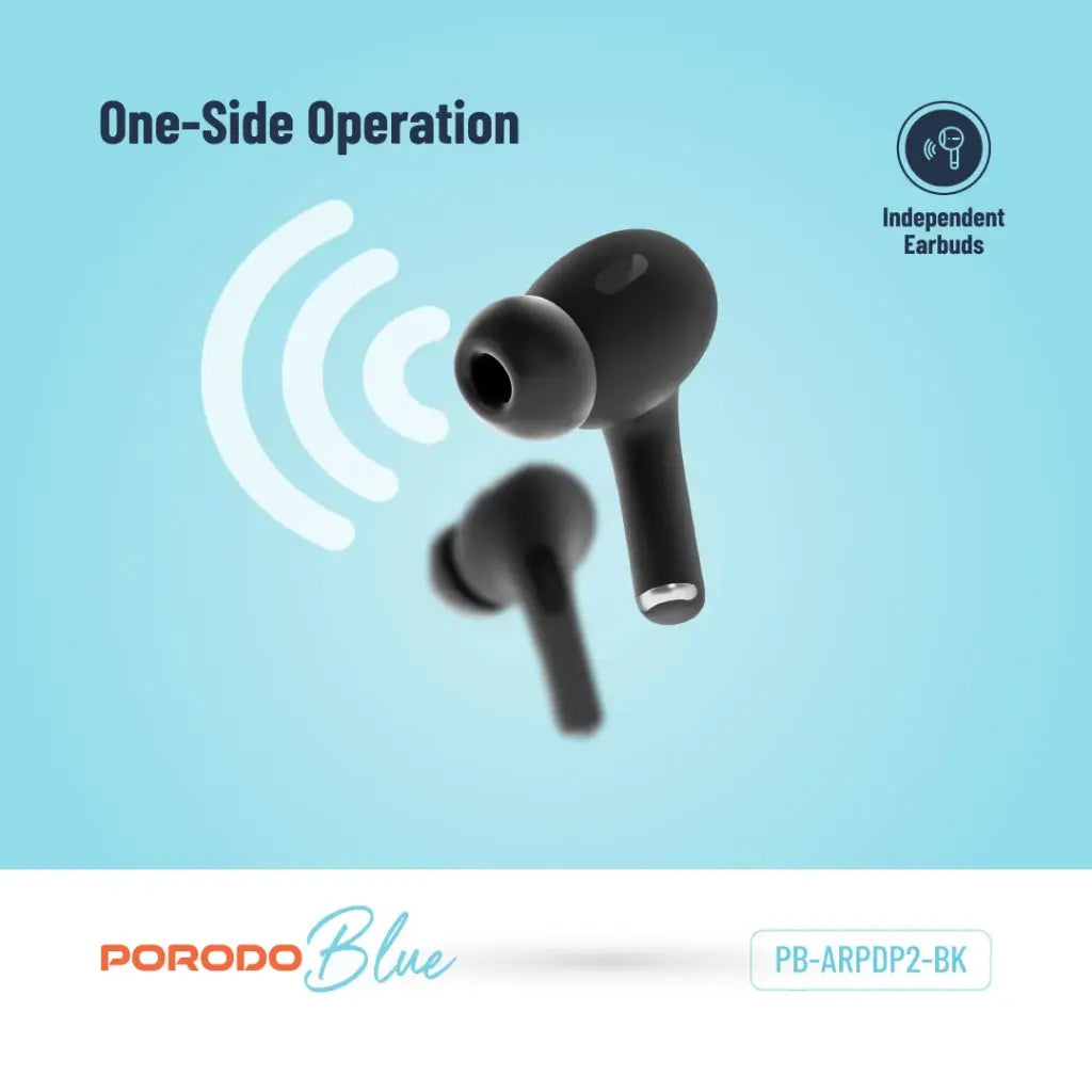 سماعات بورودو بلو برو 2 اللاسلكية بصوت بيز عميق مع خاصية التحكم باللمس - اسود | Porodo Blue Deep Bass Wireless Earbuds Pro 2 with Swipe Volume – Black