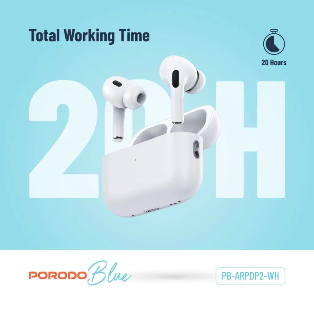 سماعات بورودو بلو ديب بيز برو 2 بخاصية التحكم باللمس - ابيض | Porodo Blue Deep Bass Wireless Earbuds Pro 2 with Swipe Volume – White