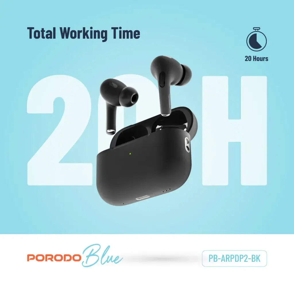 سماعات بورودو بلو برو 2 اللاسلكية بصوت بيز عميق مع خاصية التحكم باللمس - اسود | Porodo Blue Deep Bass Wireless Earbuds Pro 2 with Swipe Volume – Black