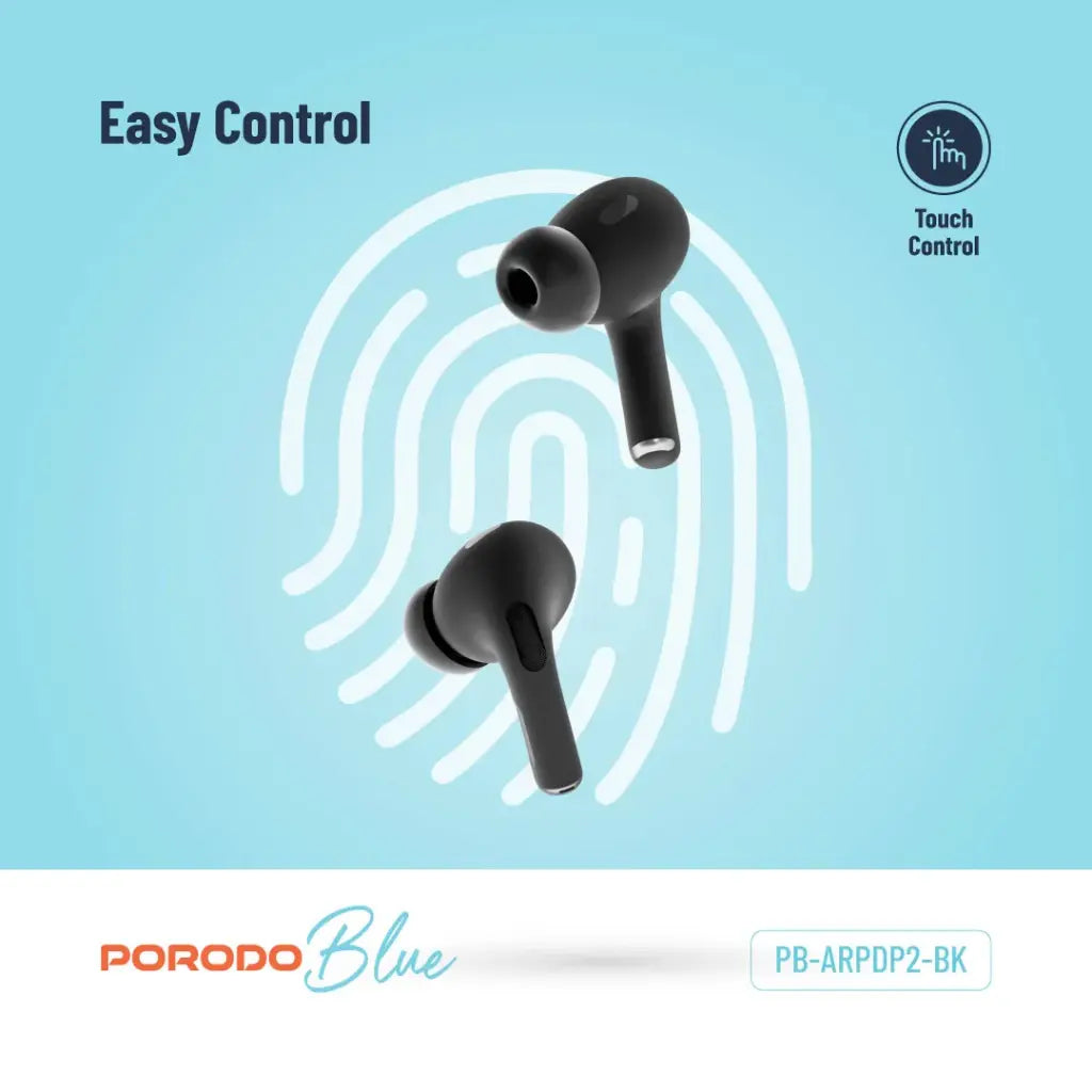 سماعات بورودو بلو برو 2 اللاسلكية بصوت بيز عميق مع خاصية التحكم باللمس - اسود | Porodo Blue Deep Bass Wireless Earbuds Pro 2 with Swipe Volume – Black