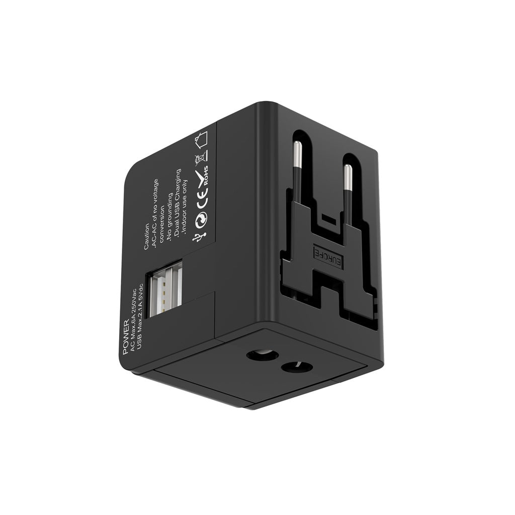 محول سفر شامل بمنفذين يو اس بي اي بقدرة 2.1A من بورودو بلو - اسود | Porodo Blue Dual USB-A Universal Travel Adapter 2.1A – Black