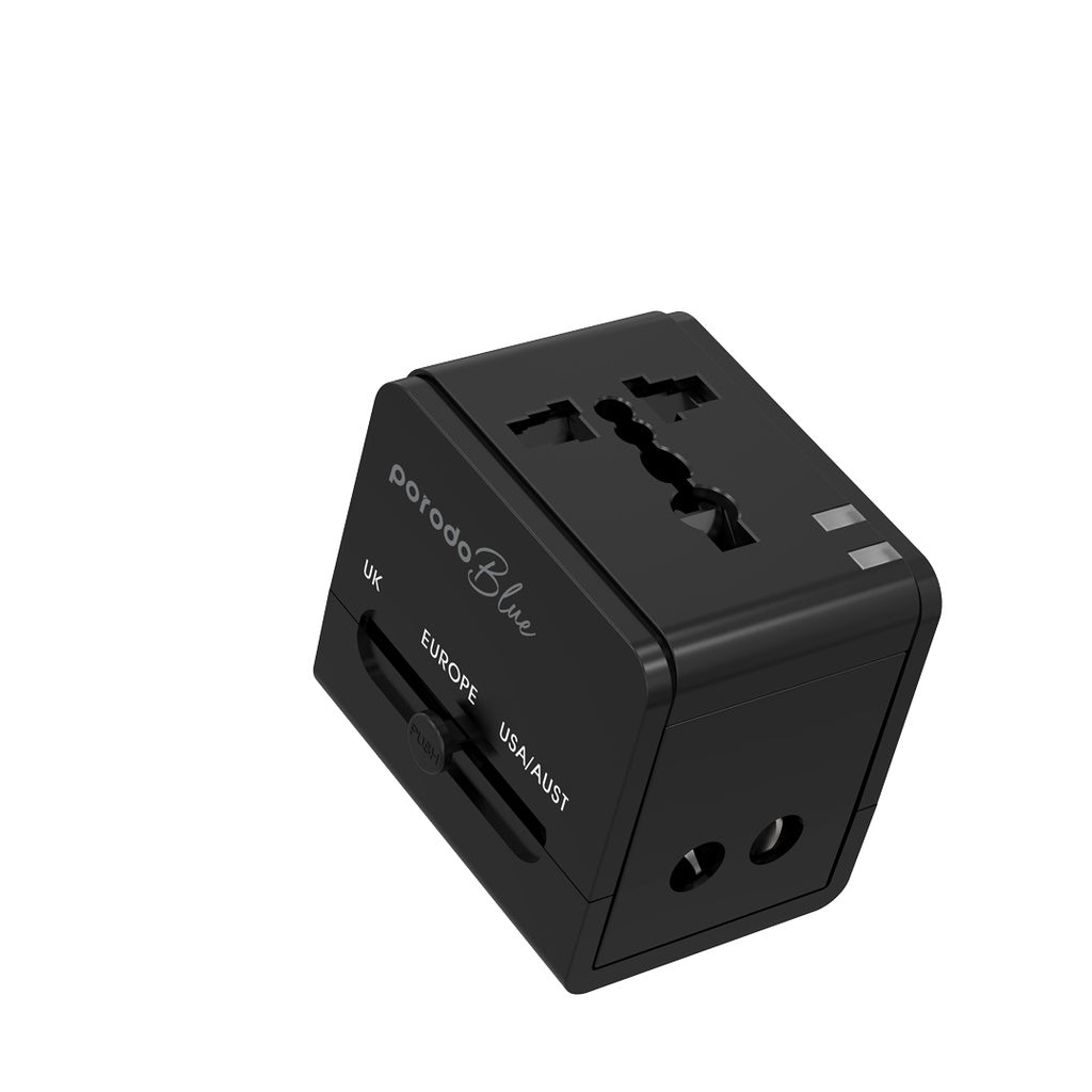محول سفر شامل بمنفذين يو اس بي اي بقدرة 2.1A من بورودو بلو - اسود | Porodo Blue Dual USB-A Universal Travel Adapter 2.1A – Black