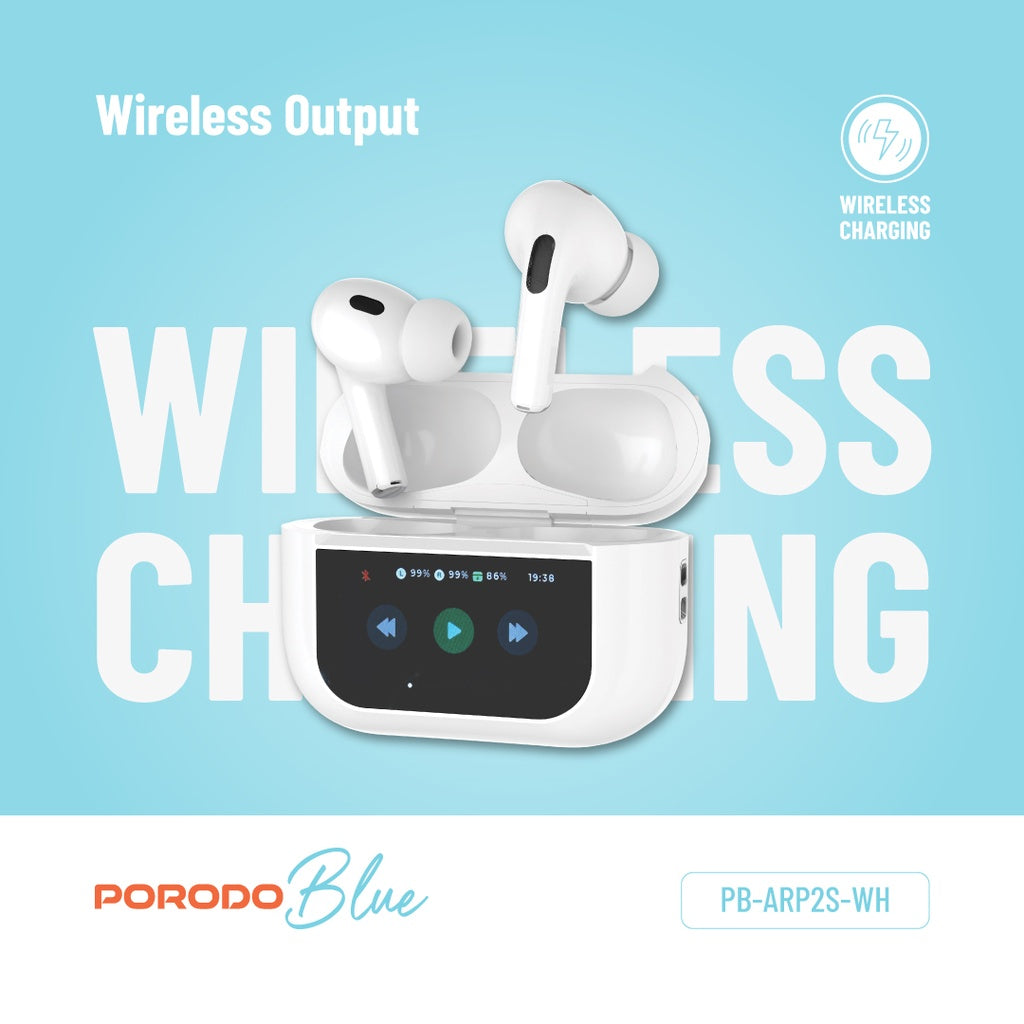 سماعات بورودو بلو ايربودز 2 مع شاشة لمس بحجم 1.47 بوصة - ابيض | Porodo Blue AirPods Pro2 with Screen - White