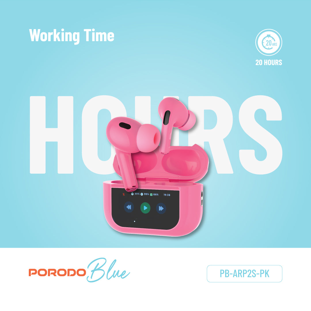 سماعات بورودو برو 2 مع شاشة ولمس, الغاء ضجيج, 20 ساعة تشغيل - وردي | Porodo Blue Earbuds Pro2 with Screen & Touch – ANC/ENC – 20Hrs Playtime – Pink.