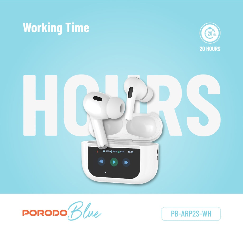 سماعات بورودو بلو ايربودز 2 مع شاشة لمس بحجم 1.47 بوصة - ابيض | Porodo Blue AirPods Pro2 with Screen - White