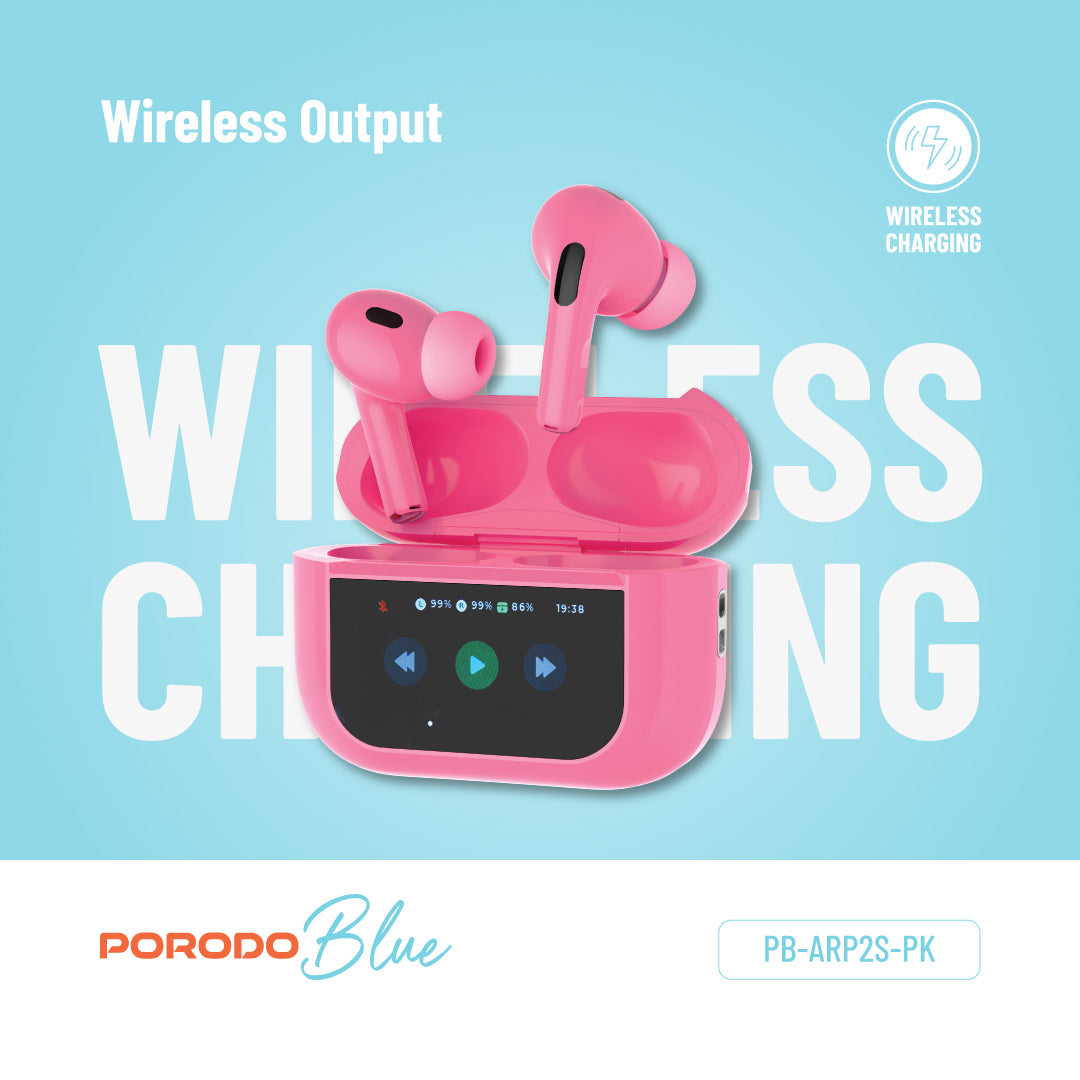 سماعات بورودو برو 2 مع شاشة ولمس, الغاء ضجيج, 20 ساعة تشغيل - وردي | Porodo Blue Earbuds Pro2 with Screen & Touch – ANC/ENC – 20Hrs Playtime – Pink.