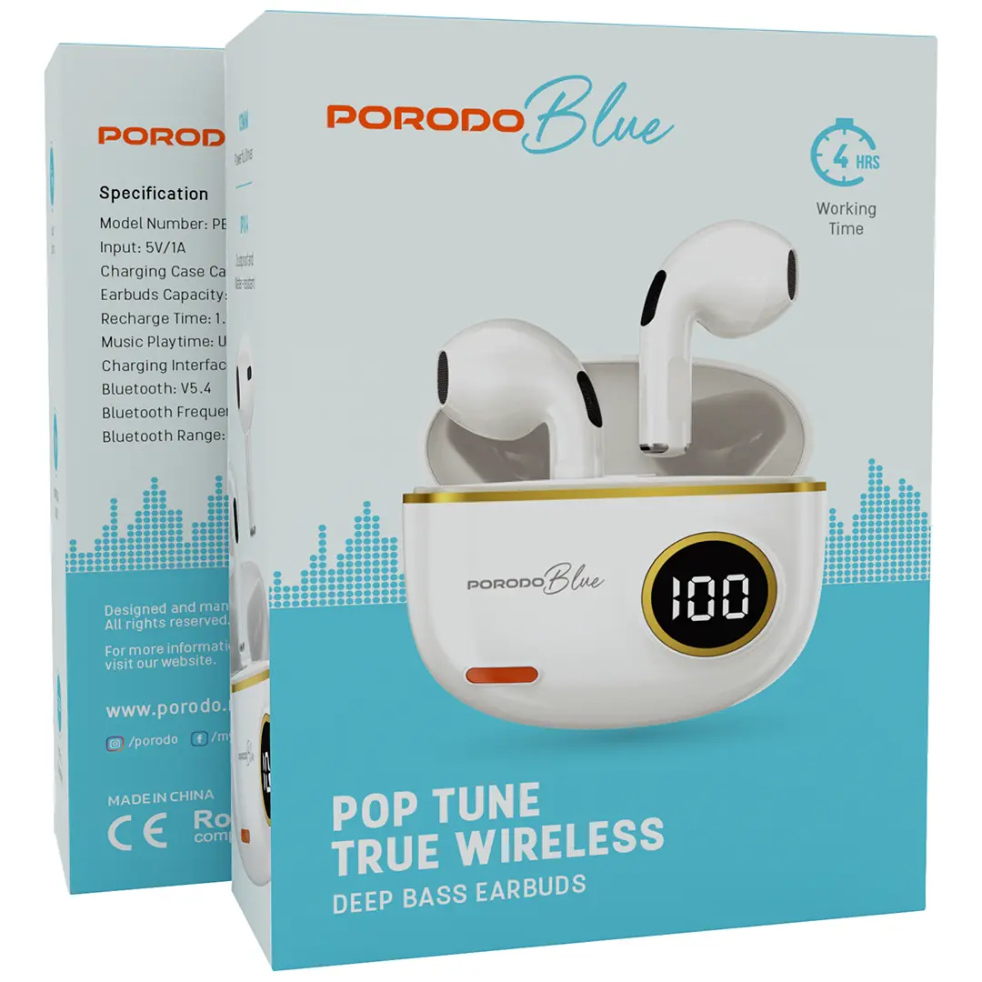سماعات بورودو بلو بوب توون اللاسلكية, تشغيل حتى 4 ساعات - ابيض | Porodo Blue Pop Tune True Wireless Deep Bass Earbuds - White