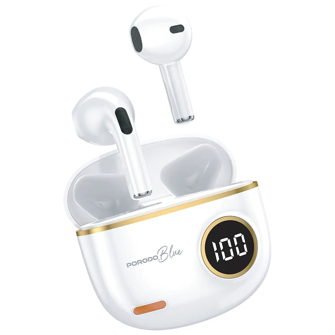 سماعات بورودو بلو بوب توون اللاسلكية, تشغيل حتى 4 ساعات - ابيض | Porodo Blue Pop Tune True Wireless Deep Bass Earbuds - White