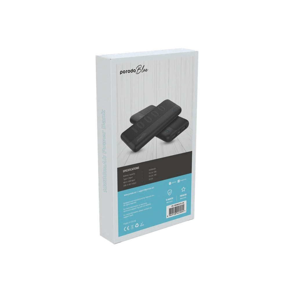 باور بانك بورودو بلو النحيف بسعة 10,000 مللي امبير بمنفذي يو اس بي اي | Porodo Blue 10000mAh Slim Power Bank Dual USB-A Output