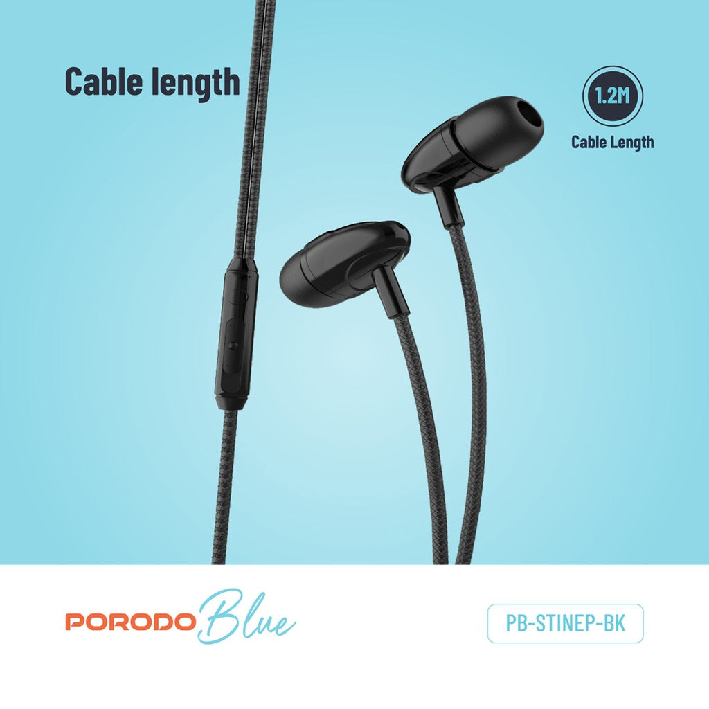 سماعات بورودو بلو ستيريو السلكية مع موصل AUX 3.5mm - اسود | Porodo Blue Stereo Wired Earphones with 3.5mm AUX Connector – Black